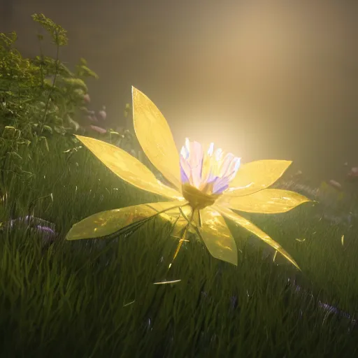 Image similar to Luminescent flower blooming at twilight, cgsociety, r /art, trending on artstation, artstationHD, octane render, highly detailed, vray, volumetric lighting, unreal engine