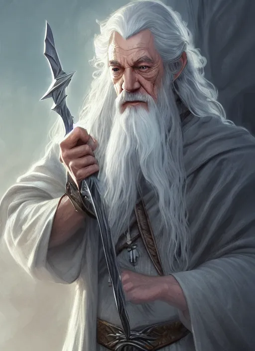 Prompt: gandalf the grey, d & d, fantasy, intricate, elegant, highly detailed, digital painting, artstation, concept art, matte, sharp focus, illustration, hearthstone, art by artgerm and greg rutkowski and alphonse mucha