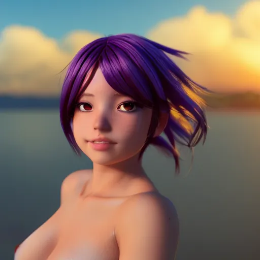 Image similar to Render of a very beautiful 3d anime girl, long hair, purple eyes, cute freckles, full round face, short smile, cute bikini, golden hour, serene beach setting, medium shot, mid-shot, highly detailed, trending on Artstation, Unreal Engine 4k