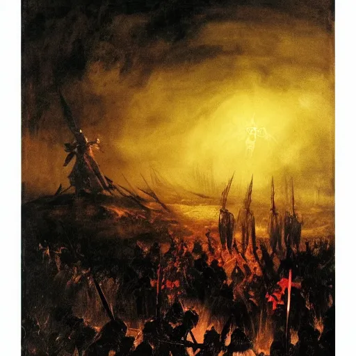 Prompt: holy knight in golden armor with a runnic sword fighting demons in hell, black ground and sky, red sun and rivers of blood, peder balke style