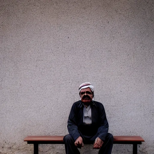 Prompt: a man sitting on a bench in front of a building, a character portrait by kamal ud - din behzad, featured on unsplash, neo - primitivism, matte photo, photo taken with ektachrome, studio portrait