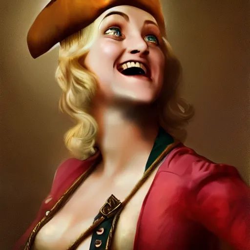 Image similar to laughing, teasing, beautiful, intelligent, blonde female pirate captain 2 8 years old, 1 9 3 0 s haircut, fully clothed, wise, beautiful, 1 7 5 0 s oil painting, dramatic lighting, trending on artstation, sharp focus