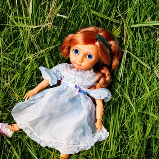 Prompt: Fully body photograph of an Enchanted Doll lying in the grass