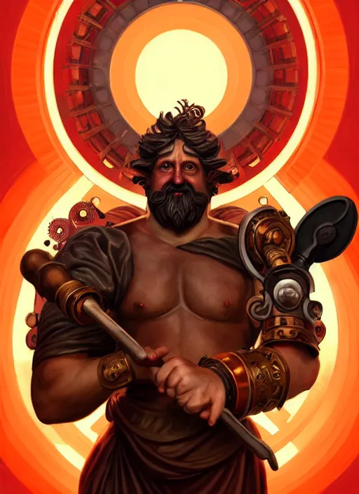 Image similar to the greek god hephaestus, brown hair, holding hammer, facing forward, steampunk, beautiful glowing eyes, volumetric lights, red and orange theme, art nouveau botanicals, intricate, highly detailed, digital painting, artstation, concept art, smooth, sharp focus, cinematic, illustration, beautiful face, art by artgerm and greg rutkowski and alphonse mucha