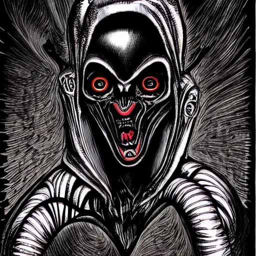 Image similar to a dark humanoid, hyper detailed, in the style of h. r. giger and junji ito and h. r. giger and junji ito, selfie