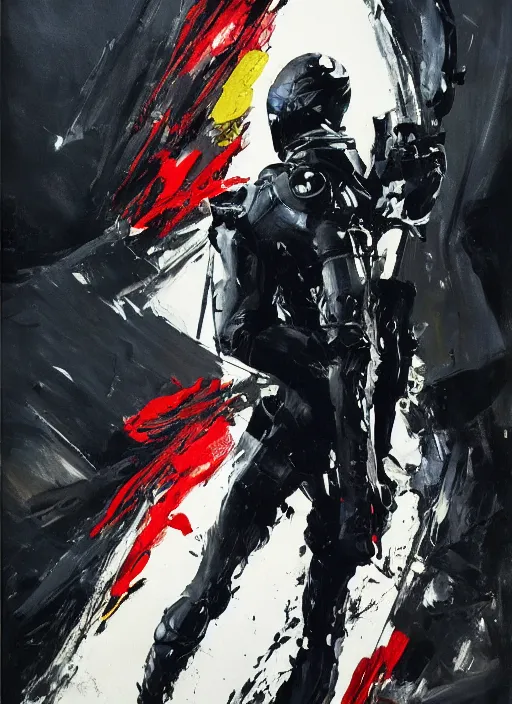 Image similar to senz umbrella, held by black leather suit supermodel in a still from death stranding ( 2 0 1 9 ) action game, by ashley wood, yoji shinkawa, jamie hewlett, 6 0's french movie poster, french impressionism, vivid colors, palette knife and brush strokes, concept art