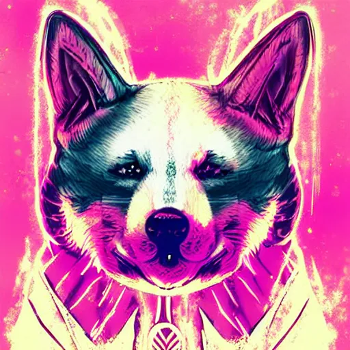 Image similar to a synthwave shiba inu in samurai armor, digital art