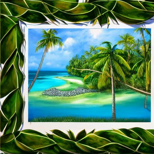 Prompt: an extremely beautiful ultra - realistic painting of a tropical island paradise with sunlight shining through vines, white sand, turquoise water, lagoons, warm, palm trees, exotic birds, peaceful, green forest, turtles, forgotten paradise, 4 k, award winning