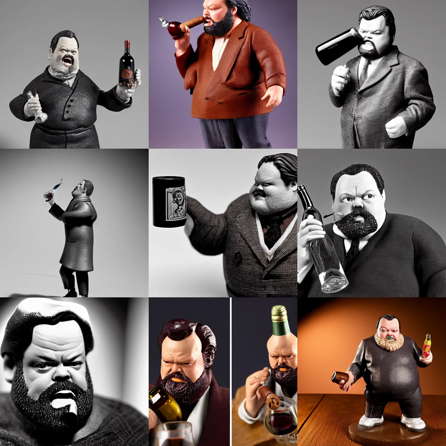 Prompt: the late orson welles action figure, fat, holding wine bottle, smoking a cigar in mouth, 3 5 mm photograph, product studio lighting