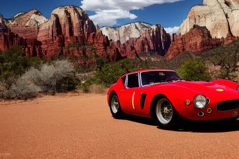 Prompt: cinematography Ferrari 250 GTO series 2 in Zion national park by Emmanuel Lubezki