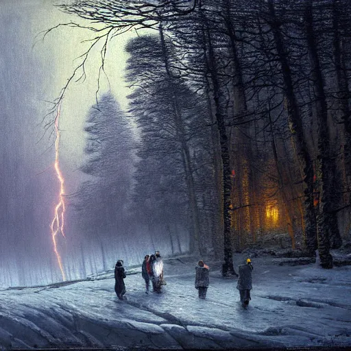 Image similar to a beautiful painting of group of climbers, extreme cold, storm, octane rendering, grim, dark, gloomy, cruel, volumetric lightning, hyperrealism, no blur, 4 k resolution, ultra detailed, style of john atkinson grimshaw, ivan shishkin, tyler edlin, scott listfield, eric zener