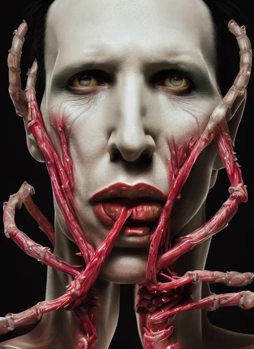 Image similar to portrait of marilyn manson with translucent skin, visible muscles and veins and arteries and bones and spines and nerves, beautiful detailed intricate insanely detailed octane render, 8 k artistic photography, photorealistic, chiaroscuro, by david cronenberg, raphael, caravaggio