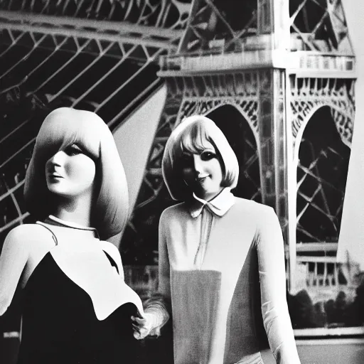 Prompt: 1976 film still glamorous woman photo and her friend, a puppet that looks like Caspar the Friendly Ghost, in front of the eiffel tower, 16mm film live soft color, earth tones and some primary colors 1976, archival footage, in style of doris wishman russ meyer, woman looks like sharon tate