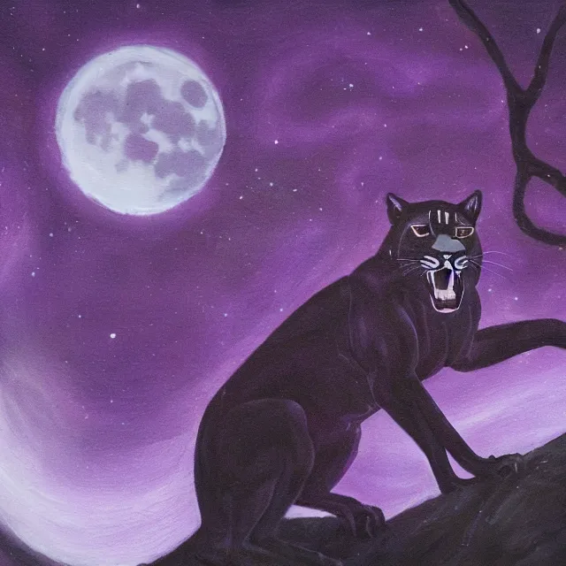 Image similar to closeup of a purple panther roaring at the moon in the forest. night. large moon in the center. cinematic. oil painting. concept art