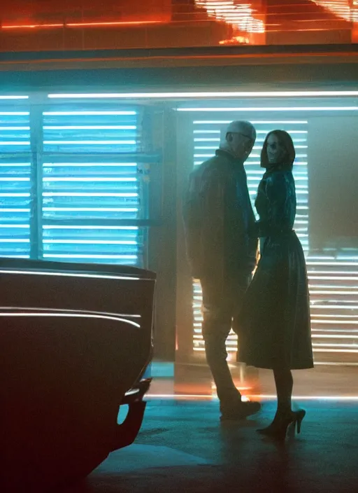 Prompt: a pov shot, color cinema film still of walter white & kate middleton in blade runner 2 0 4 9, cinematic lighting at night.