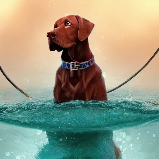 Image similar to dog in the water, stylized, artgerm, artstation, hd, cgsociety, cgi, realistic, dramatic, cinematic, artistic, trending, detailed