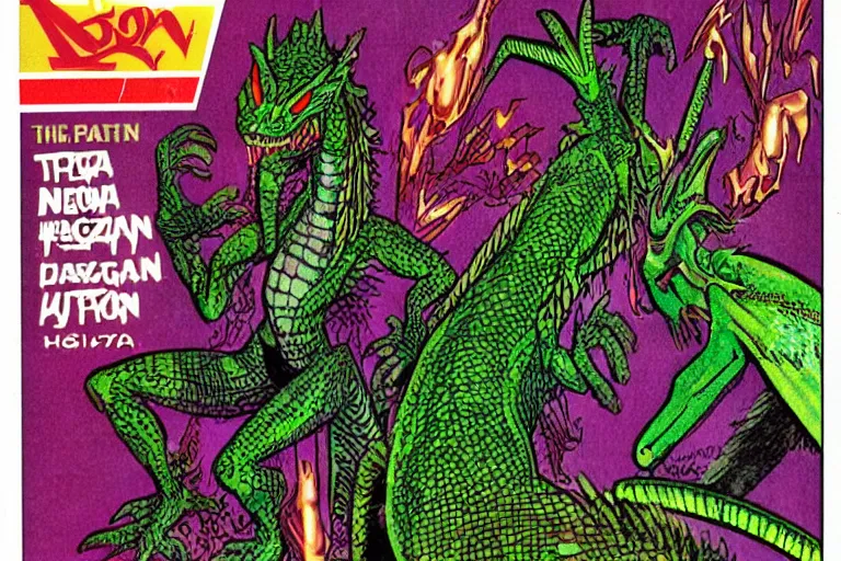 Image similar to 1979 Dragon magazine cover depicting a lizard man in neo-tokyo style by Larry Elmore. DND character art