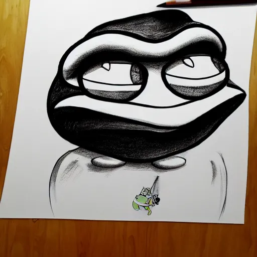Image similar to detailed 3d pencil drawing of pepe the frog in the style of matt furie feels good man, shadows, cool, hand drawn
