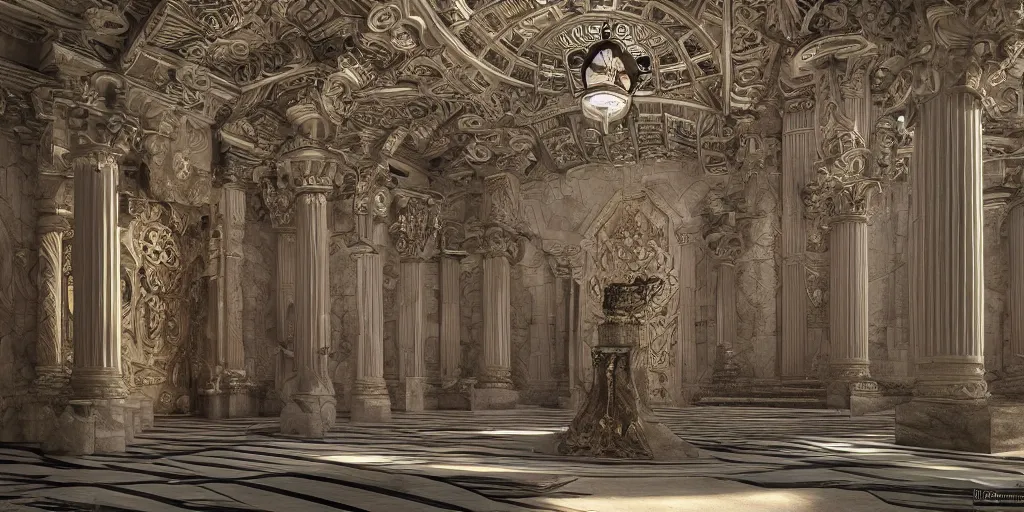 Image similar to ultra detailed, high definition, octane render 3d, throne room, stone pillars, high ceiling, art nouveau, goth
