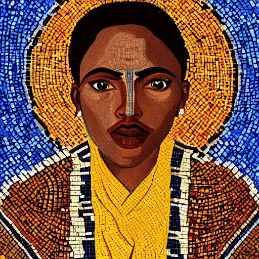 Prompt: realistic half - body portrait of an ethiopian amhara knight wearing an chestplate in a byzantine mosaic, very detailed, very realistic, elegant, top art, renowed artwork