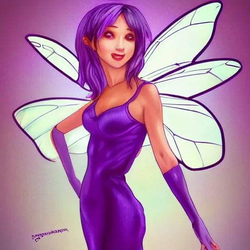 Image similar to very very very beautiful tiny fairy woman in her 20s with fairy wings wearing skintight purple dress, making eye contact, smiling, flirty, perfect body, perfect face, drawn by artgerm