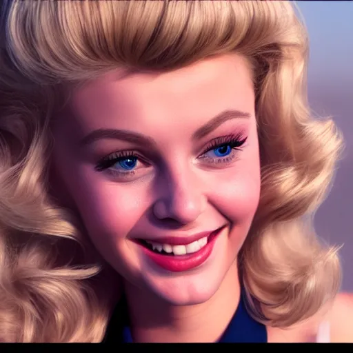 Image similar to a portrait of a beautiful blonde Sandy from Grease (1978), smiling, clear eyes, illustration, soft lighting, soft details, painting oil on canvas, octane render, HDR, trending on artstation, 4k, 8k, HD