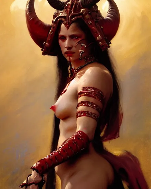 Image similar to painted close - up portrait of an attractive red - skinned intimidating demon queen with ram horns. oil painting, wearing a noblewoman's outfit, fantasy art by greg rutkowski and john singer sargent and gaston bussiere, demon noble character design