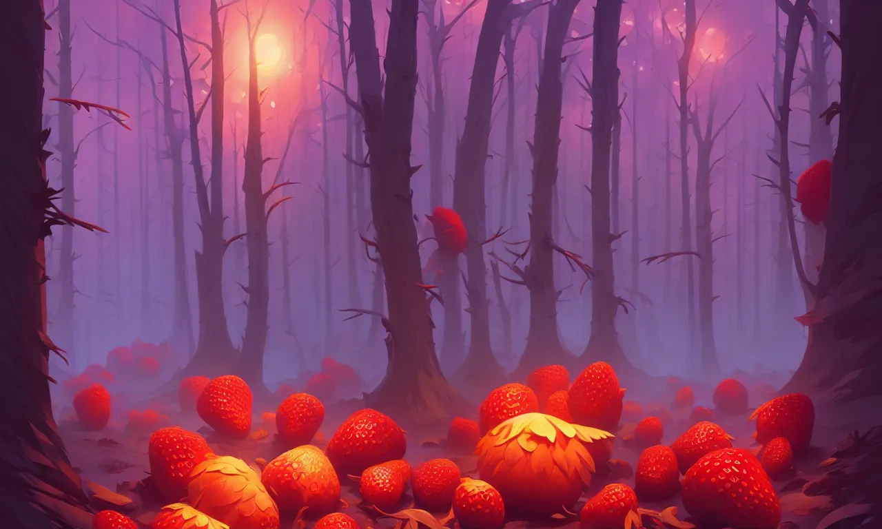 Image similar to Dark forest large strawberries, vector art, behance hd by Jesper Ejsing, by RHADS, Makoto Shinkai and Lois van baarle, ilya kuvshinov, rossdraws global illumination