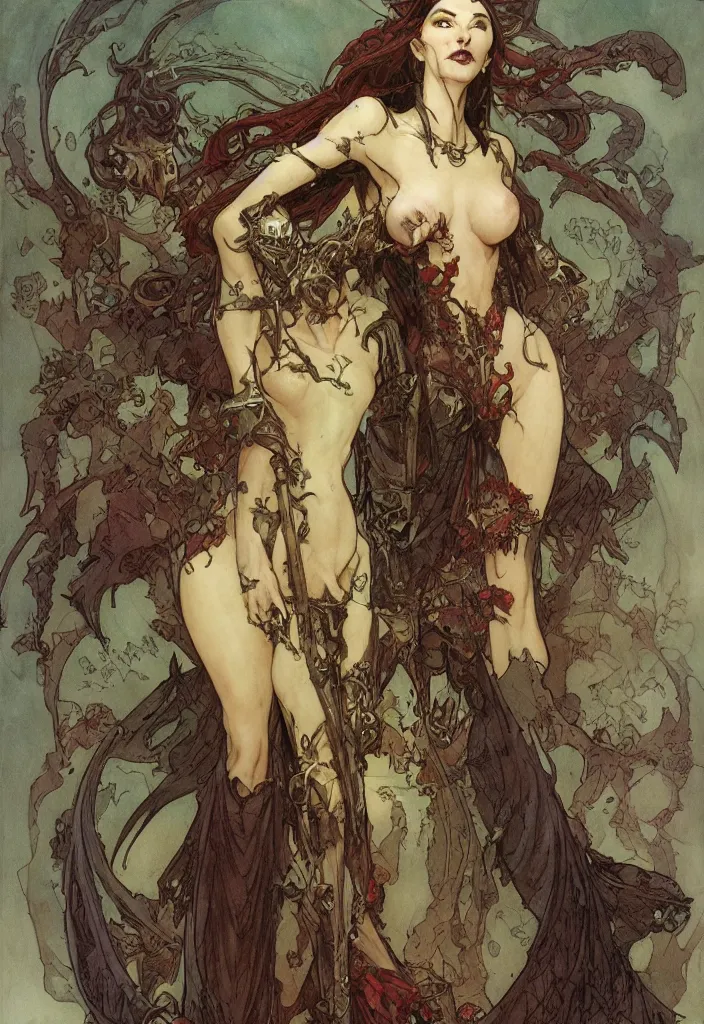 Image similar to drawing of a beautiful vampire woman, armor plates, by marc simonetti and brian froud and mike mignola and alfons maria mucha and peter mohrbacher, hyperdetailed