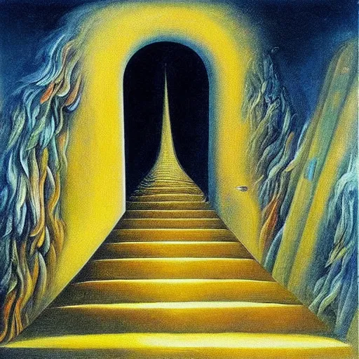 Prompt: “ stairway to heaven, oil painting by remedios varo, bright colors, epic scale ”