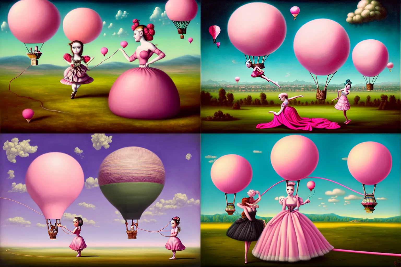 Prompt: dreamy landscape with checkerboard floors , pink clouds, hot air balloons, and two women wearing baroque dresses playing jumprope, pop-surrealism Lowbrow art painting in the style of Mark Ryden and Jasmine Becket-Griffith