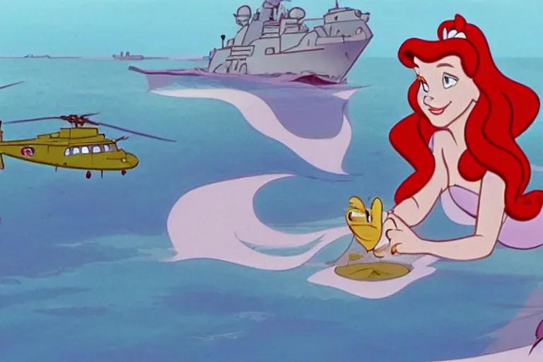 Image similar to still from the disney cartoon, little mermaid enlists in the navy, animated military, helicopters