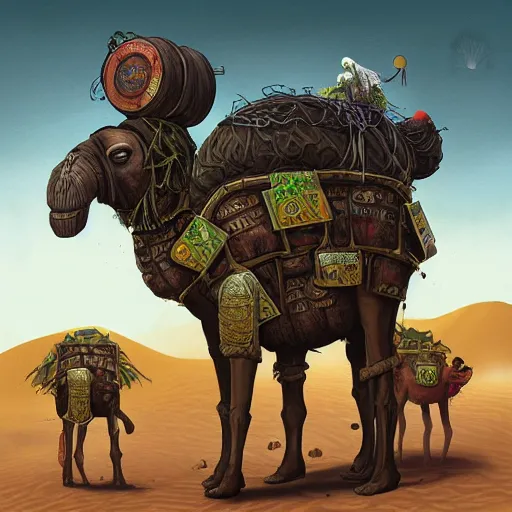 Image similar to several stoner merchants in robes with integrated bong gas mask appliances, trucking bales of herbs across an alien desert with camel-like creatures in tow. Album art by Arik Roper