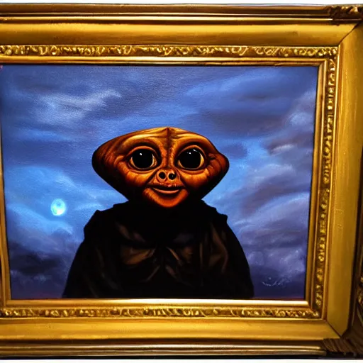 Prompt: high quality oil painting portrait of E.T. extra terrestrial in victorian manchester, dark background, high fantasy, perfect lighting