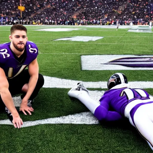 Image similar to edgar allen poe wearing a baltimore ravens jersey. tj watt laying on the ground. award winning photograph. sports photo.