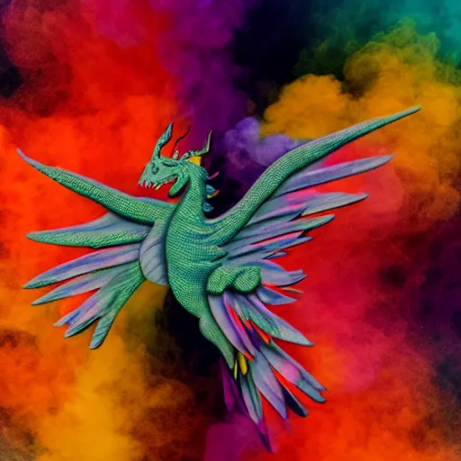 Image similar to multi color smoke with the outstretched ribbed wings and head of a fairytale dragon, billowy, 8 k, 4 k