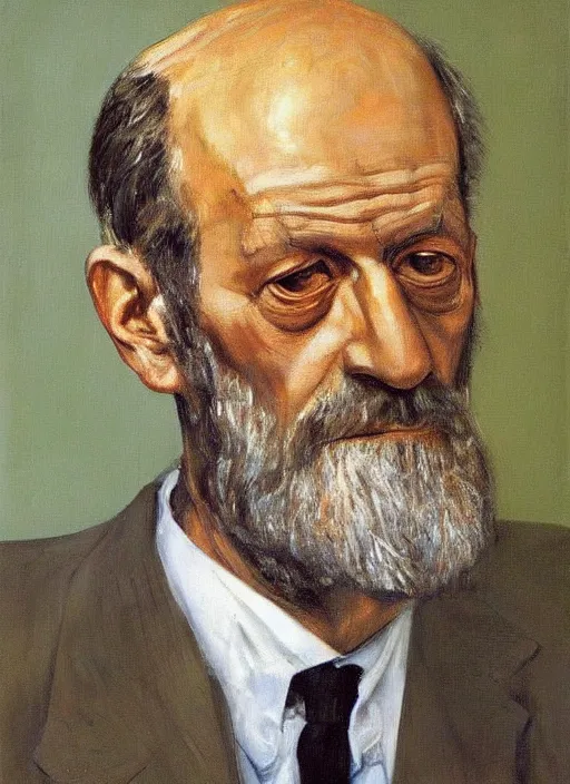 Prompt: “portrait of sigmund freud, by Lucian freud, fleshy, Freudian, visible brush strokes, in oil”