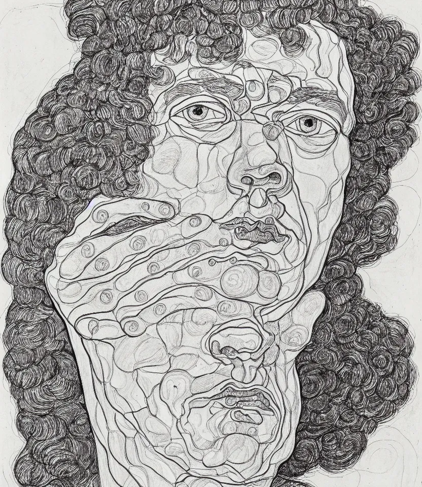 Image similar to detailed line art portrait of william blake, inspired by egon schiele. caricatural, minimalist, bold contour lines, musicality, soft twirls curls and curves, confident personality, raw emotion