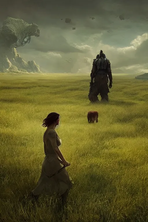 Prompt: A beuatiful meadow with a giant creature walking in the far distance by Greg Rutkowski, Sung Choi, Mitchell Mohrhauser, Maciej Kuciara, Johnson Ting, Maxim Verehin, Peter Konig, final fantasy , 8k photorealistic, cinematic lighting, HD, high details, atmospheric,