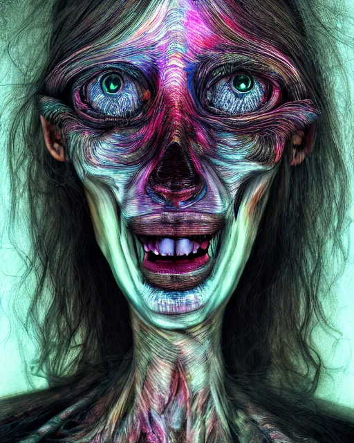 Image similar to realistic portrait of a creature experiment gone wrong, psychedelic, dark art, facing camera, photo realistic, detailed, 1 4 5 0, delicate, hyper realism, ultra realistic, 8 k