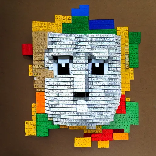 Image similar to steve from minecraft made with pieces of newspaper