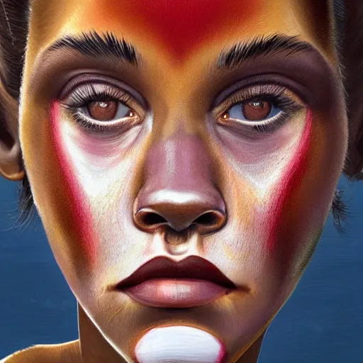 Prompt: Africa, beautiful portrait of Very funny actress Emma Watson like a ginger big red monkey, face like monkey with banana, Emma Watson actress blended monkey face paint, like , powerful , magic, thunders, dramatic lighting, intricate, wild, highly detailed, digital painting, artstation, concept art, smooth, sharp focus, illustration, art by artgerm and greg rutkowski and alphonse mucha, footage