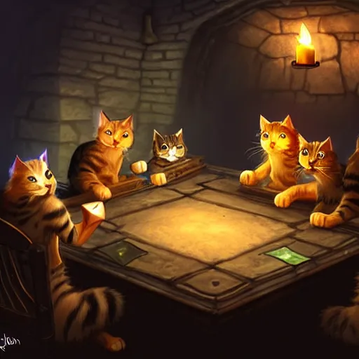 Prompt: a group of cats playing dungeons and dragons around a table in a dark cellar. soft ligthing from candles. dungeon map on the table. concept art, high details. artstation hq