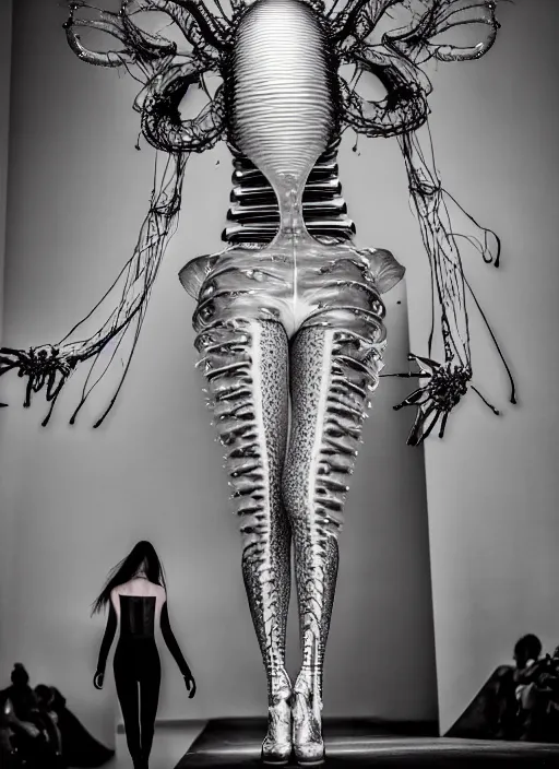 Image similar to walking down the catwalk, steven klein, show, stage, vogue photo, podium, fashion show photo, historical baroque dress, iris van herpen, beautiful woman, full body shot, masterpiece, inflateble shapes, alien, predator, guyver, jellyfish, white biomechanical details, highly detailed