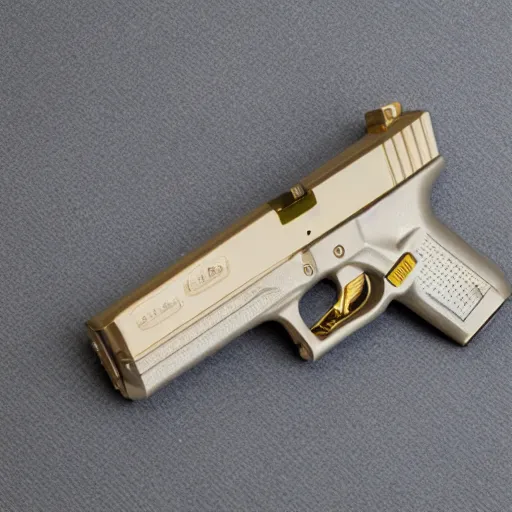 Prompt: an sls 3 d printed golden and silver glock 1 9. 8 0 mm lens, f 1. 8.