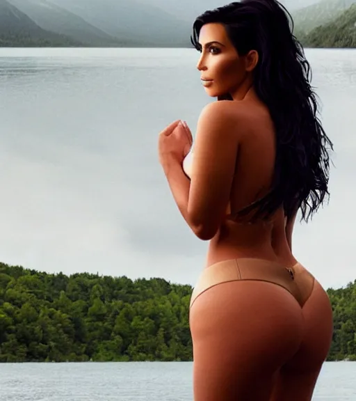 Image similar to rear waist photo still of kim kardashian wearing a tightly fitted thong, standing by a lake, intricate, elegant, highly detailed, smooth, sharp focus.