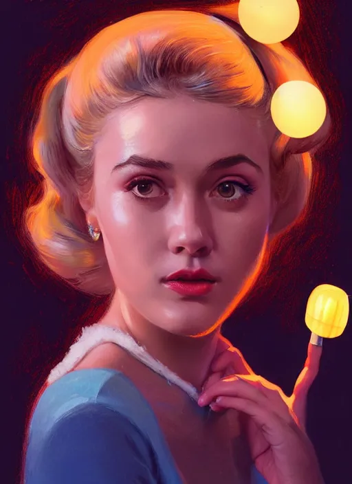 Image similar to portrait of betty cooper with fluffy bangs, bangs, 1 9 6 0 s, ponytail, curly bangs and ponytail, rounder face, intricate, elegant, glowing lights, highly detailed, digital painting, artstation, concept art, smooth, sharp focus, illustration, art by wlop, mars ravelo and greg rutkowski