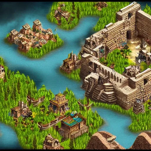 Image similar to isometric map of age of empires video game website , procedural, Travian, AOE2 , civilization, river, forest, cave, mountain, woods, hills, buildings, Insane Details, Digital Art, Epic Atmosphere, Extremely Detailed, mayans