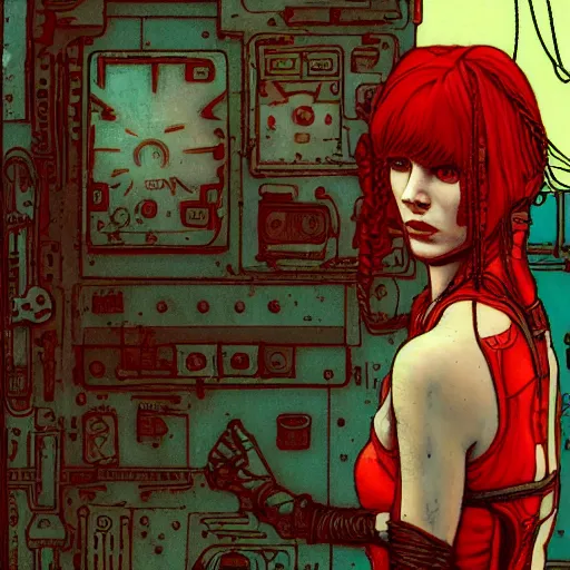 Image similar to redhead female cyberpunk, wires cables skulls, machines, in the style of john william waterhouse, and michael w kaluta, 4 k photo autochrome