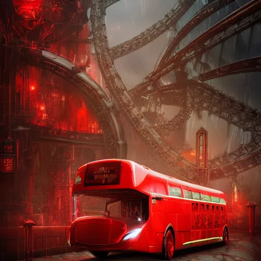 Image similar to mythical red organic biomechanical london bus. futuristic. blue blurry background. highly detailed, intricate steampunk ornate, poetic, 3 d render, digital art, octane render, 8 k artistic photography, photorealistic.